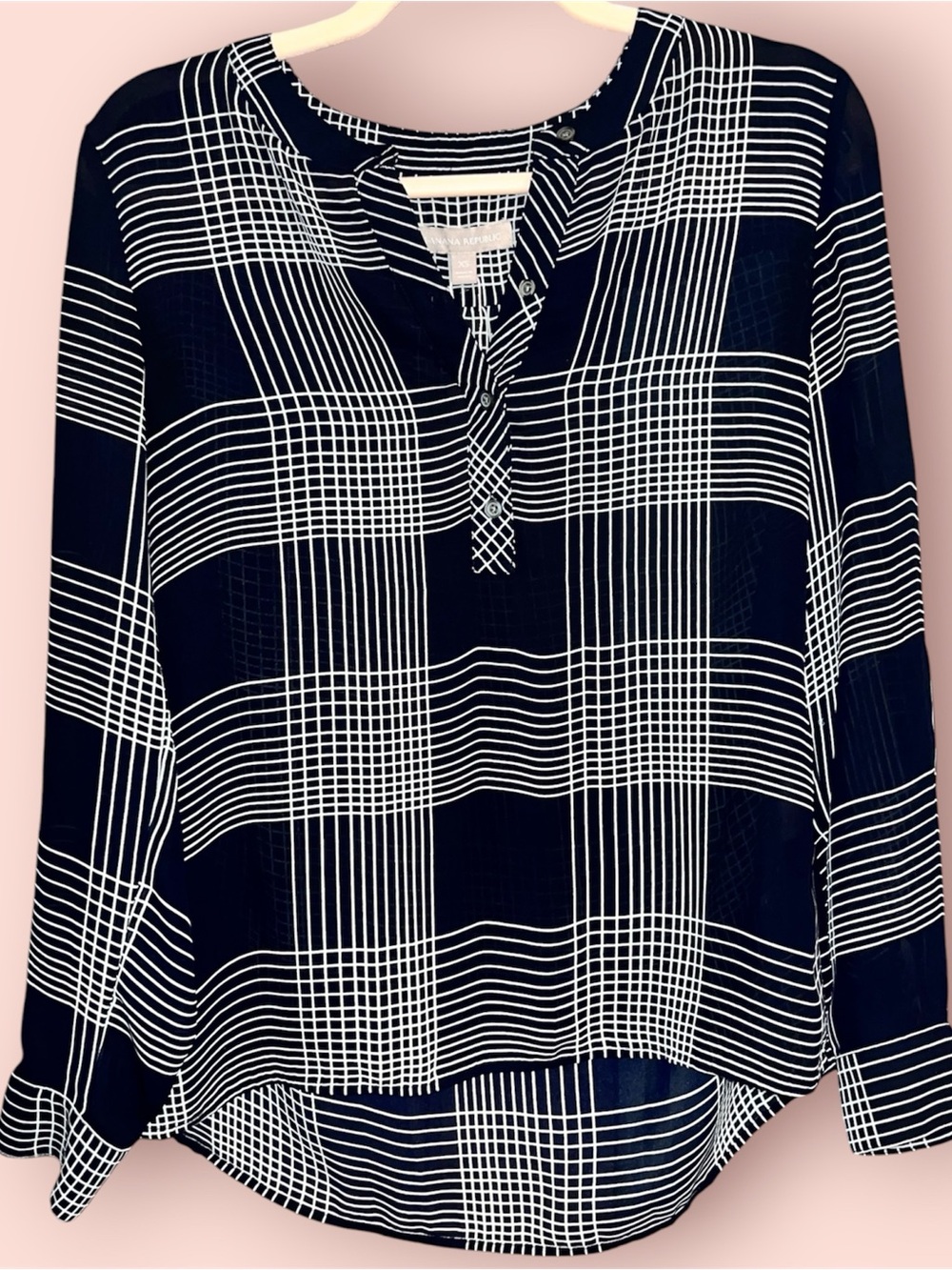 Banana Republic Navy and White Plaid Henley Blouse